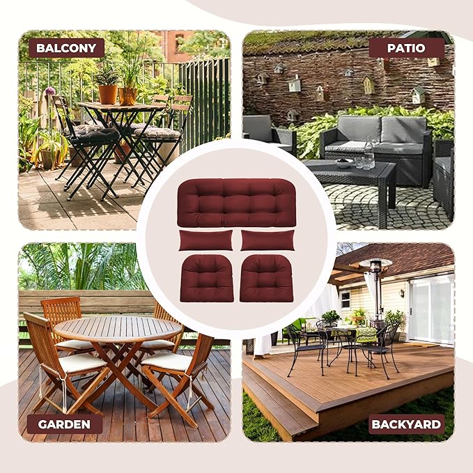 Wicker Chair Cushions of 5 Pieces, Waterproof Outdoor Loveseat Cushion for Wicker Furniture, 1 Love Seat Cushion, 2 U-Shape and 2 Lumbar Pillows for Patio Furniture (Red)