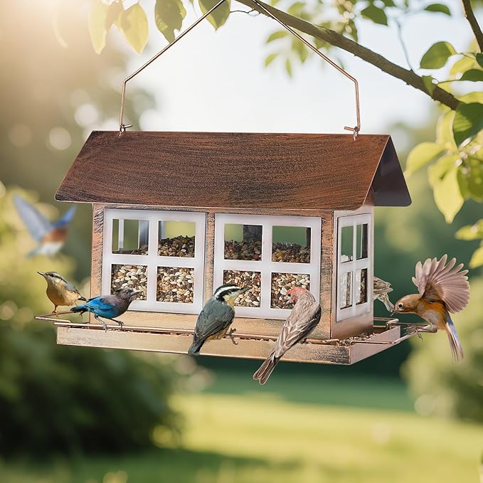 Bird Feeders, Heavy Duty Metal Bird Feeder for Outdoors Hanging, Weatherproof Large Capacity Wild Birdfeeder for Outside Garden Yard, Country House Shape (Horizontal)