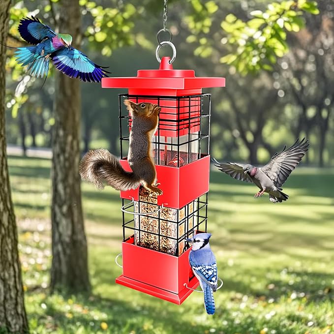 Squirrel Proof Bird Feeder,3Lbs Bird Feeders for Outdoors Hanging, Metal Birds Feeder with 4 Feeding Ports, Wild Birds Feeder for Cardinal, Finch, Sparrow (Red)
