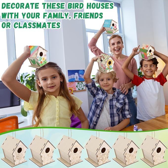 24 Pack Wooden Bird House Bulk for Kids Birdhouse Kit Wood Houses for DIY Unfinished Hanging Birdhouse Kits Wooden Craft Houses to Paint VBS Craft Family Crafts