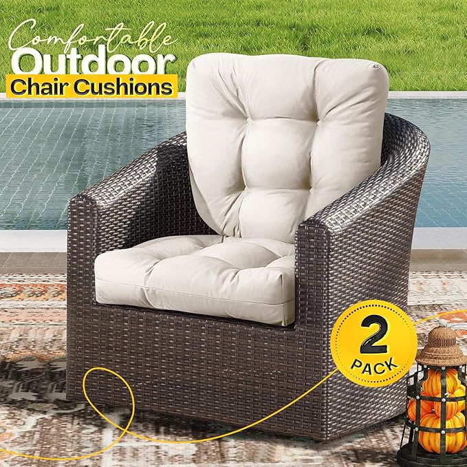 MAGIC ELEPHANT Outdoor Chair Cushions Set of 2, Memory Foam Seat Cushion Pads for Wicker Chair and Patio Furniture, 19 x 19 Inches (Antique White)