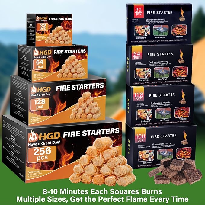 HGD Natural Fire Starters (64 Pcs) - Waterproof & Odorless Charcoal Starters for Fireplace, Campfire, BBQ, Grill, Fire Pit, Wood & Pellet Stove, Chimney, Pizza Oven & Smoker - Indoor & Outdoor Use