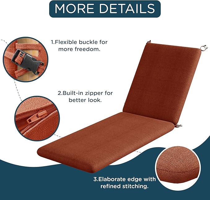Codi Outdoor Chaise Lounge Chair Cushions 72"x22.5"x3.5" – Linen Texture, Fade Resistant, Waterproof, Removable Cover, Thick Soft Padding for Patio Furniture & Pool Relaxation, Spice