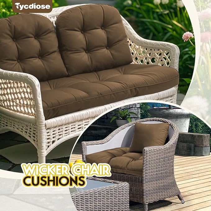 All Weather 3 Pieces Wicker Furniture Chair Cushions, Waterproof Outdoor Wicker Chair Cushion for Patio Furniture Loveseat Settee Bench, 1 Loveseat and 2 U-Shaped Thickened Cushions, Brown