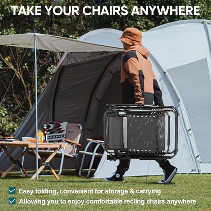 NEWBULIG Zero Gravity Chair Set of 2, Lounge Chair Folding Portable Adjustable Camping Reclining Chairs with Adjustable Pollow, Mesh Back, Cup Holder Trays Lawn Patio Chair for Pool Beach - Black