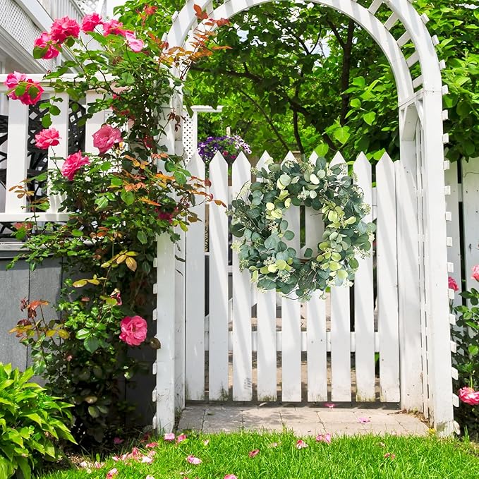 24 Inch Spring Wreath for Front Door, Spring Eucalyptus Wreath for Grapevine Farmhouse with Silk Printing Dollar Leaves Wreaths for Festival Celebration Front Door Wall Window Home Décor
