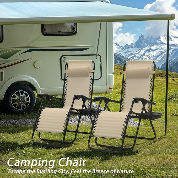 Zero Gravity Chairs, Portable Folding Reclining Lounge Chairs with Adjustable Pillow and Cup Holder Trays for Outdoor, Patio, Beach, Camping, Garden, Poolside, Set of 2 Beige