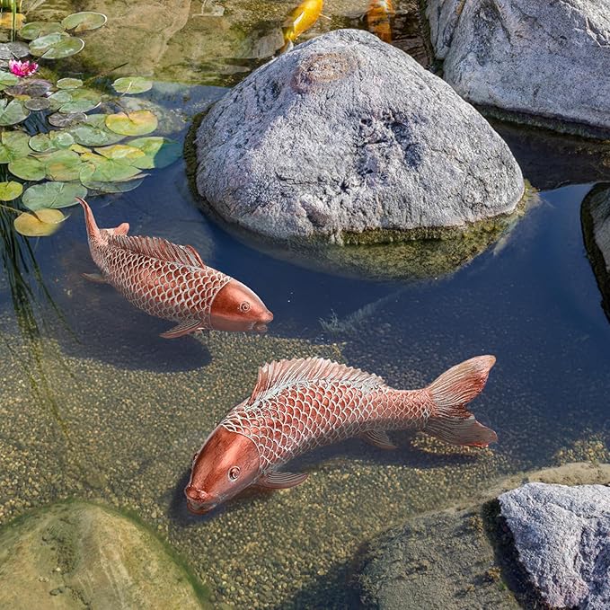 Garden Statues Koi Fish Decor Outdoor Garden Fish Statues, Set of 2 Antique Copper Koi Art Sculptures for Patio, Backyard, Pond and Home Decor, Best Gardening Gifts for Women Mom