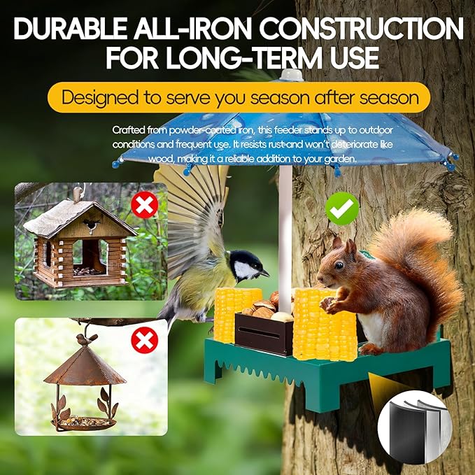 Metal Squirrel Feeder Picnic Table with Umbrella - Heavy Duty Iron Outdoor Chipmunk Feeder, Rust Resistant Corn Cob Holder, Funny Backyard Wildlife Gift for Nature Lovers. (Blue)
