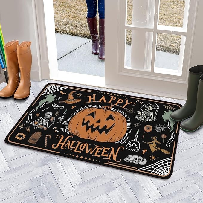 Halloween Decor Welcome Door Mat,Funny Skeleton Pumpkin Home Decoration Non-Slip Indoor Outdoor Front Doormats Rug 17 x 30 Inch