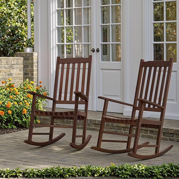 Flamaker Acacia Wood Patio Rocking Chair Set of 2, High Back and Widen Armrest for Adults, Solid Wood Porch Rocking Chair for Lawn, Garden, Backyard (Brown)