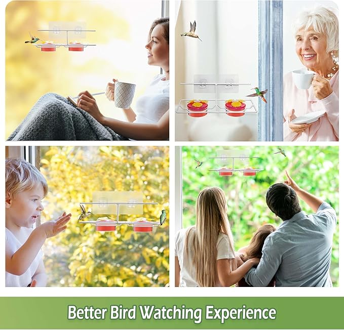 Window Hummingbird Feeder, Small Hummingbird Feeder for Outdoors with Metal Base & 6 Feeding Ports - Suitable for Sliding Glass Doors on Windows and Balcony, Easy to Clean and Refill