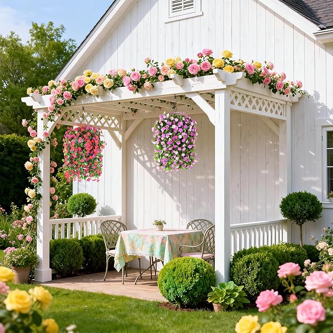 Artificial Fake Hanging Flowers for Outdoors, 2 Pcs Artificial Hanging Plants Outdoors Spring Summer Decor, UV Resistant Faux Violet Silk Flowers for Planters Front Door Yard Garden(Pink Rose Red)