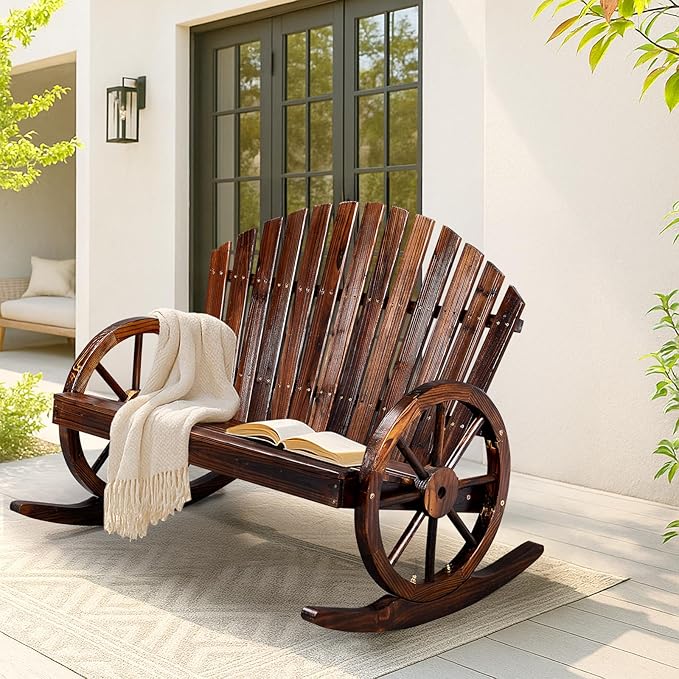 Outvita 2-Person Wood Rocking Chair, Fir Log Adirondack Rocker, Outdoor Wood Accent Furniture Lounge Chairs with Wheel Armrest for Garden Patio Backyard Porch (Carbonized Finish)