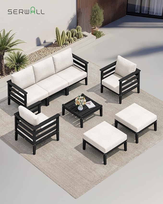 SERWALL HDPE Patio Furniture Set, 6 Pieces Outdoor Sectional Sofa Set, All-Weather Wood-Like Outdoor Sofa Couch with Coffee Table for Deck, Lawn, Black Frame with Khaki Cushion