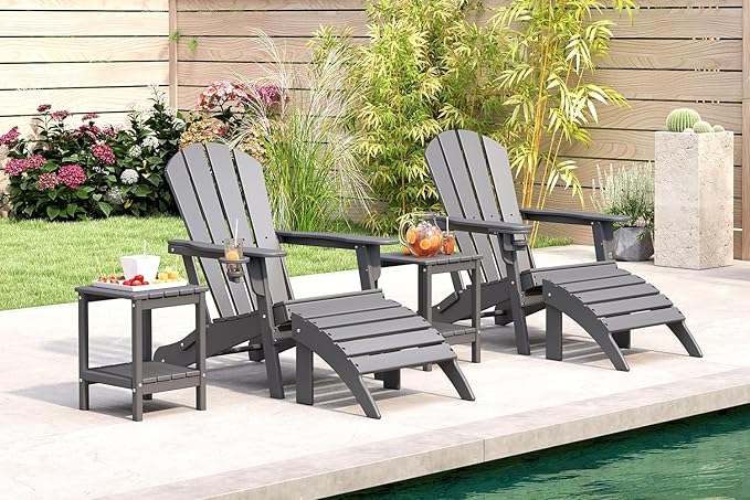 BRIOPAWS Folding-Adirondack-Chairs Set of 2 | HDPE Plastic | Fire Pit Chair | Cup Holder | Curved Back | All Weather| for Outdoor Backyard Deck Patio | Grey