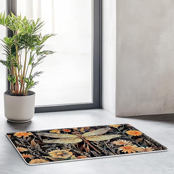 JINYO Dragonfly Floral Door Mat, Vintage Rustic Dragonfly Door Mat Indoor Outdoor Entrance Entryway Porch, Dark Cottagecore Botanical Flower Bath Mats for Bathroom, Beachy Welcome Mats, 17x30 Inch