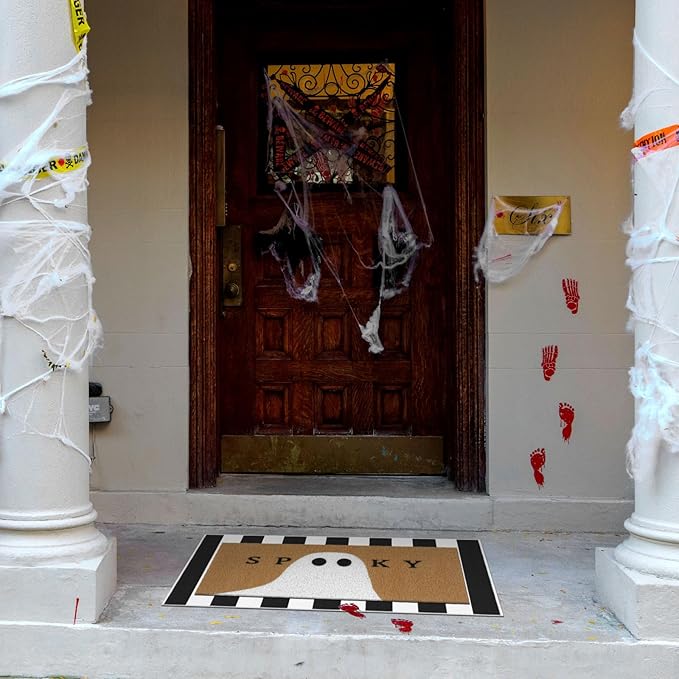 Tinideya 2 Pcs Halloween Doormat Spooky Ghost Outdoor Welcome Mats for Front Door Non Slip Ghost Coir Floor Mat Black White Stripe Halloween Rug for Outside Front Porch Entryway Decor