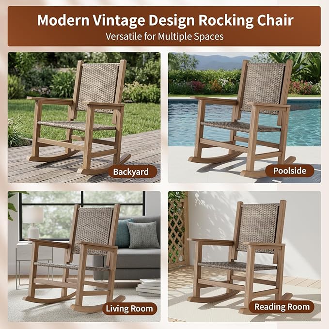 Rocking Chair Outdoor 1 PCS, Wicker Rocking Chair for Outside, Woven Seat & Back, All Weather Ratten Outdoor for Porch, Garden, Lawn, and Balcony (Brown)