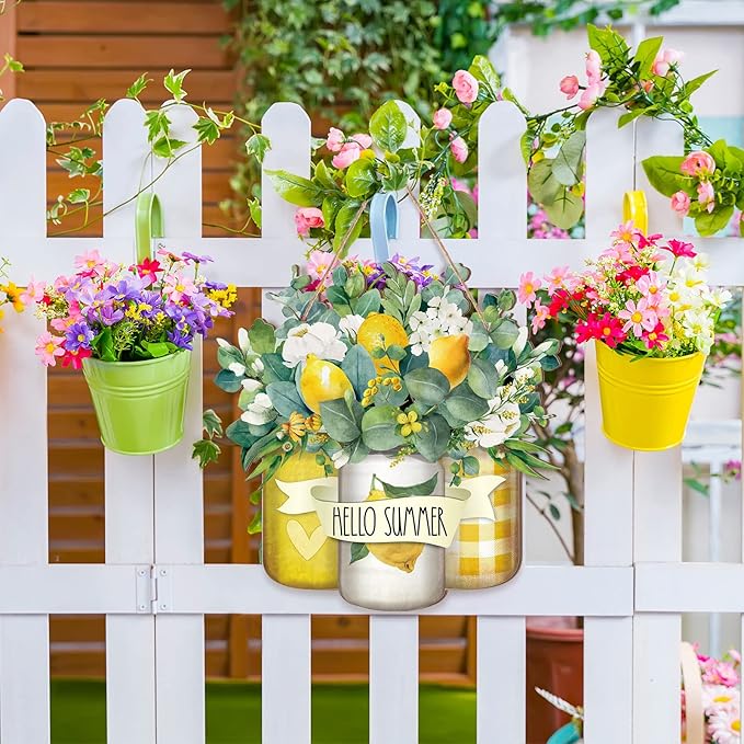 Karenhi Hello Summer Welcome Wooden Sign for Front Door Hello Wooden Hanger Summer Door Sign Wood Spring Hanging Decorations Farmhouse Porch Decor for Outdoor Housewarming Gift