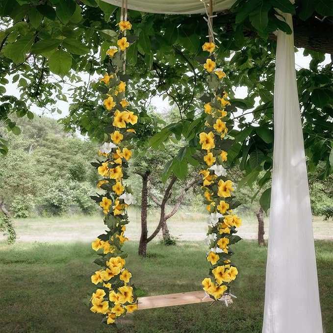 CISDUEO 2 Pcs Artificial Vines for Outdoors Silk Morning Glory Garland 11.5 Ft Hanging Flowers Plants Yellow and White Fake Petunias Vines for Indoor Home Decor Wall Fence Mantle Stairway Mailbox