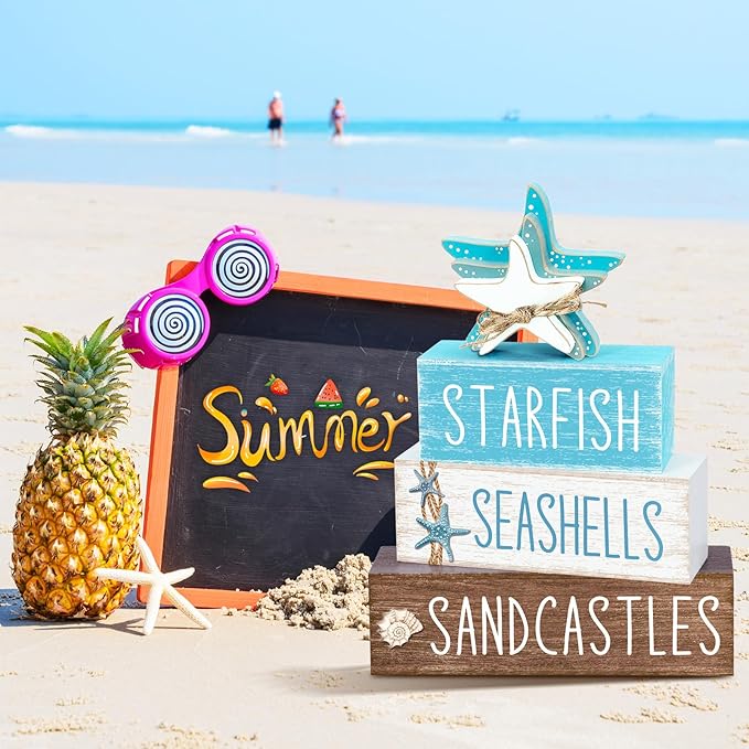 4 Pcs Beach Summer Table Decor Starfish Seashell Coastal Wooden Block Sign Ocean Tiered Tray Decor Farmhouse Table Centerpieces Rustic Nautical Decorations for Home Office Desk Shelf Mantel