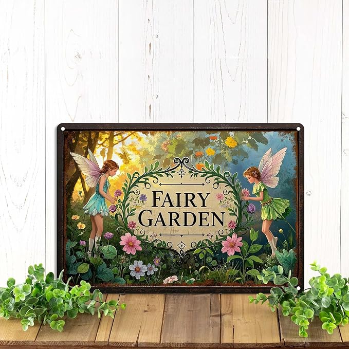 Gardening Gifts Vintage Garden Mental Tin Signs " FAIRY GARDEN" Retro Fairies Plants Picture for Home Garden Greenhouse Yard Decor (8x12 Inch)