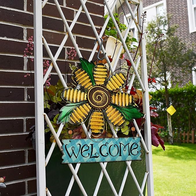 Large Rustic Metal Yellow Flower Welcome Wall Art Decor Hanging Metal Flower Welcome Door Wreath Kitchen Living Room Bathroom Patio Garden Yard Wall Decoration
