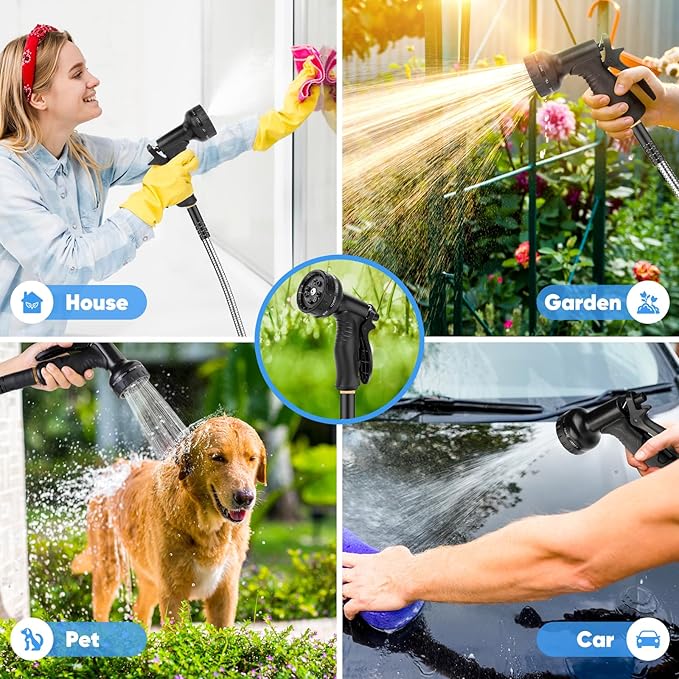 Garden Hose 100 FT, Metal Stainless Steel Water Hose with 10 Function Nozzles, No Kinks, Flexible Hose, Lightweight, Puncture Proof, Heavy Duty Hose for Yard and Outdoor, Silver