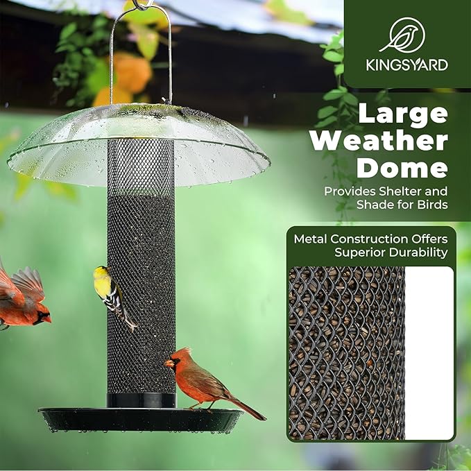 Kingsyard Finch Bird Feeder for Outdoors Hanging, Metal Mesh Tube Bird Feeders for Thistle & Nyjer Seed, Large Removable Tray & Rainproof Dome, 2.5 lbs Seed Capacity, Black