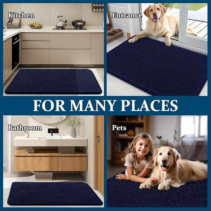 OLANLY Dog Door Mat for Muddy Paws 44x32, Absorbs Moisture and Dirt, Absorbent Non-Slip Washable Doormat, Quick Dry Chenille Mud Mat for Dogs, Entry Indoor Entryway Carpet for Inside Floor, Navy Blue