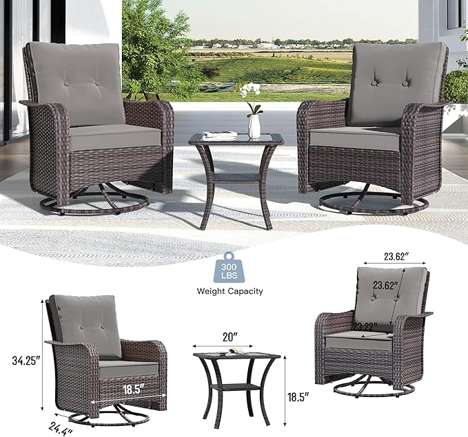 Kullavik 9 Pieces Outdoor Patio Furniture Set,PE Wicker Rattan Sectional Sofa Patio Conversation Sets with Tempered Glass Table,Swivel Rocking Chairs Set,Grey