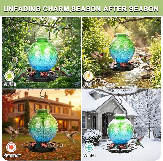 Glass Hummingbird Feeder for Outdoors Hanging, 25Oz Humming Bird Nectar Feeders with Perch & 5 Flower Feeding Ports, Leak Proof for Outside Garden Decor, Gifts for Women (Green & Blue)