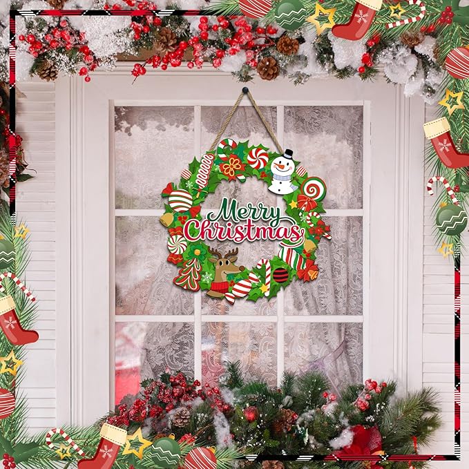 Christmas Candy Wreath Welcome Sign for Front Door Decor, Snowman Reindeer Wooden Hanging Plaque Farmhouse Rustic Outdoor Indoor Wall Decoration for Home Porch Yard Winter Decor