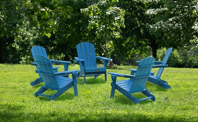 Folding Adirondack Chair, Wooden Textured Plastic Adirondack Chairs with 2 Cup Holder, Weather Resistant HDPE Fire Pit Chair, Outdoor Patio Chairs for Garden, Backyard, Lawn, Deck, 380LBS, Blue