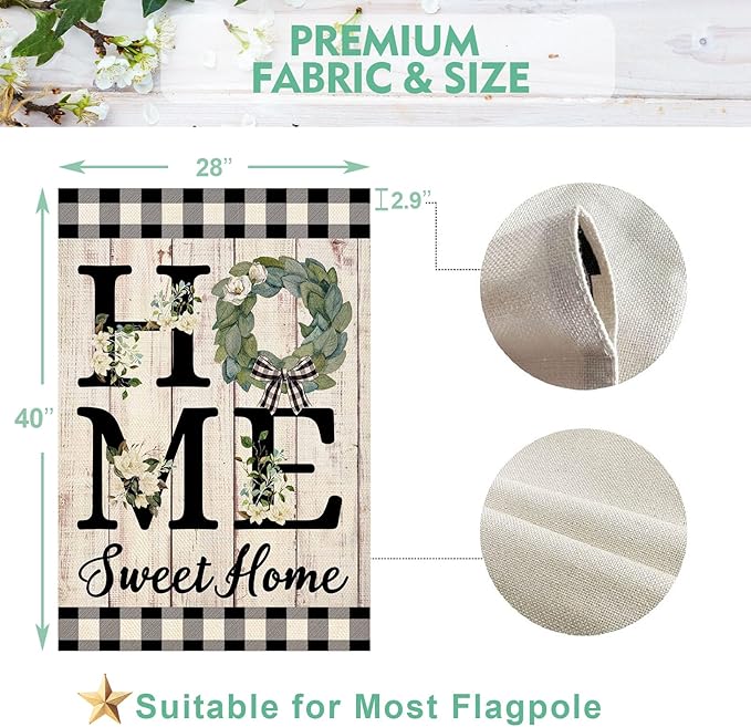 ORTIGIA Summer House Flag Burlap Vertical Double Sided 28 x 40 Inch Home Sweet Home Magnolia Large House Flag Spring Farmhouse Rustic Buffalo Check Plaid Home Front Yard Patio Outside Outdoor Decor