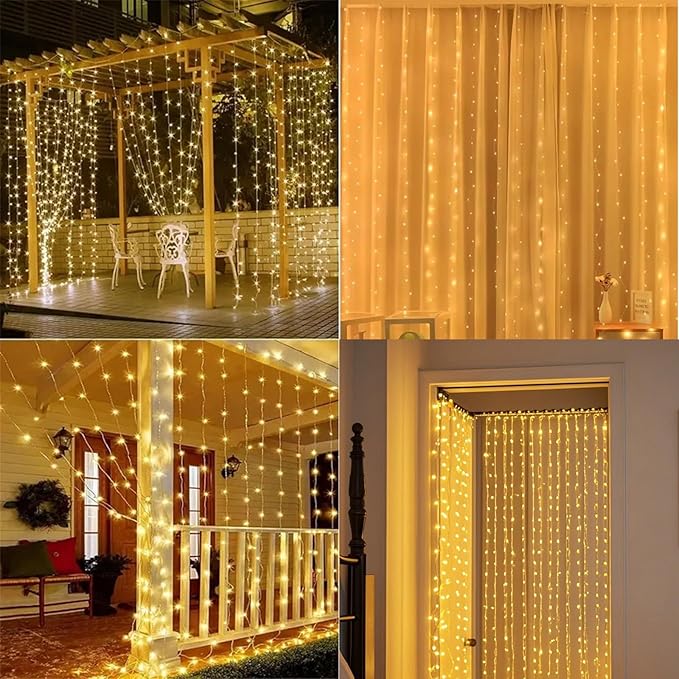 Vigdur Led Curtain String Lights, 8FT Window Fairy Lights for Bedroom with 210 Warm LEDs, Hanging Twinkle Indoor String Light for Party Wedding Garden Wall Decor(8 * 7ft)