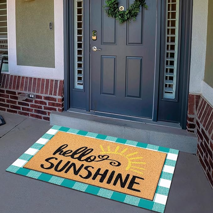 Tinideya 2 Pcs Summer Door Mat Non Slip Wildflower Coastal Hello Sunshine Sweet Home Ocean Pet Welcome Floor Doormat Buffalo Plaid Checked Stripe Mat Seasonal for Front Porch Entryway(Sunshine)