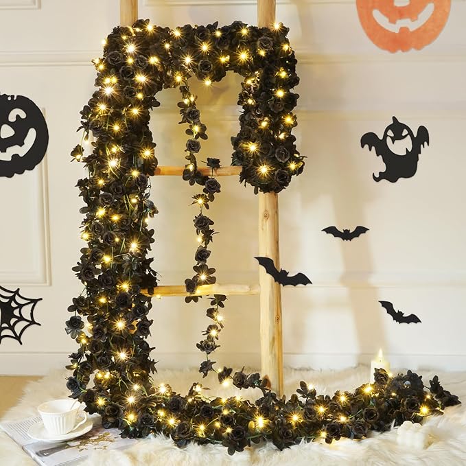 BLEUM CADE 5Pcs 41Ft Flower Garland Artificial Rose Vines with 32.8Ft String Lights, Cute Fake Hanging Flower Vines Floral Garland Decorations for Halloween Wedding Party Room Decor Aesthetic