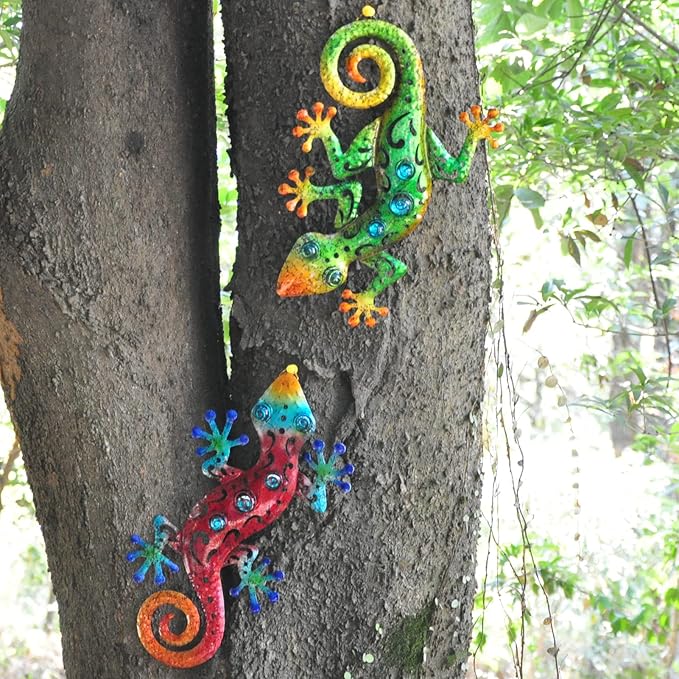 Metal Gecko Wall Art Metal Lizard Outdoor Wall Decor Suitable for Yard Fence Patio Garden Decor Country Farmhouse Decor Set of 2