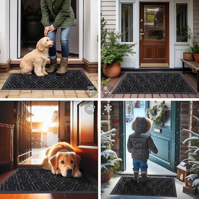 Smiry Front Door Mat Outside Entrance, Heavy Duty Sturdy Natural Rubber Doormat, Trap Dirt and Moisture, Easy Clean Low Profile Mats for Indoor Outdoor Entry, Grid Geometric (71x47, Black)