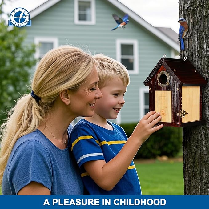 Pack of 2 Premium Bluebird Houses for Outside, All Seaons Bird Houses for Outside, Wooden Cabin Birdhouses for Outdoors, Weatherproof Courtyard Decorated Hanging Bird House