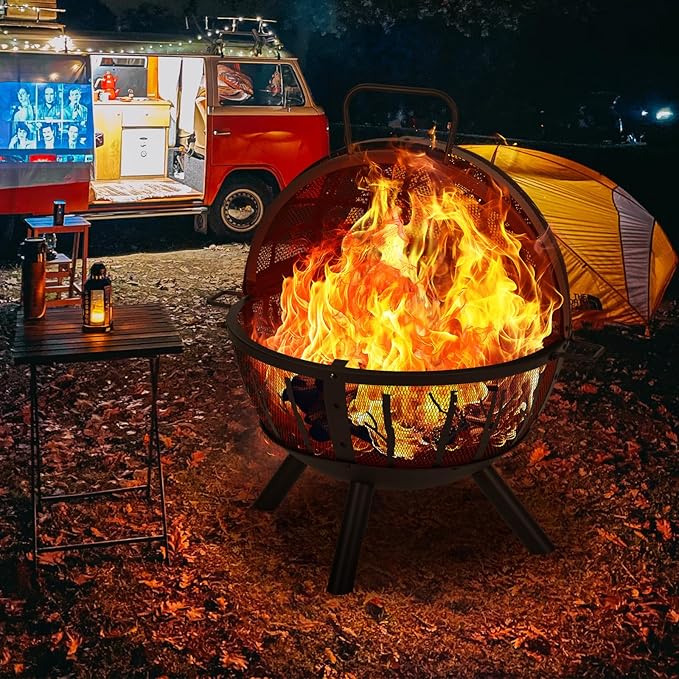 35 Inch Wood Burning Fire Pit with BBQ Grill, Heavy Duty Fire Pits Ball for Outside with Spark Screen & Removable Ash Pan, Outdoor firepit & Fireplace for Bonfire in Garden, Yard