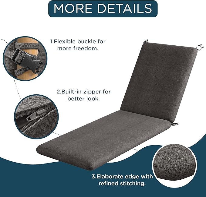 Codi Outdoor Chaise Lounge Chair Cushions 72"x22.5"x3.5" – Linen Texture, Fade Resistant, Waterproof, Removable Cover, Thick Soft Padding for Patio Furniture & Pool Relaxation, Grey