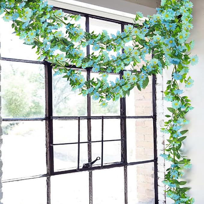 CISDUEO Artificial Daisy Flowers Vine Silk Wildflower Garland Spring Fake Flower Vine Hanging Ivy Blue Daisy Flowers Green Leaves for Wall Party Wedding Arch Floral Decor Home Indoor Outdoor Ceremony