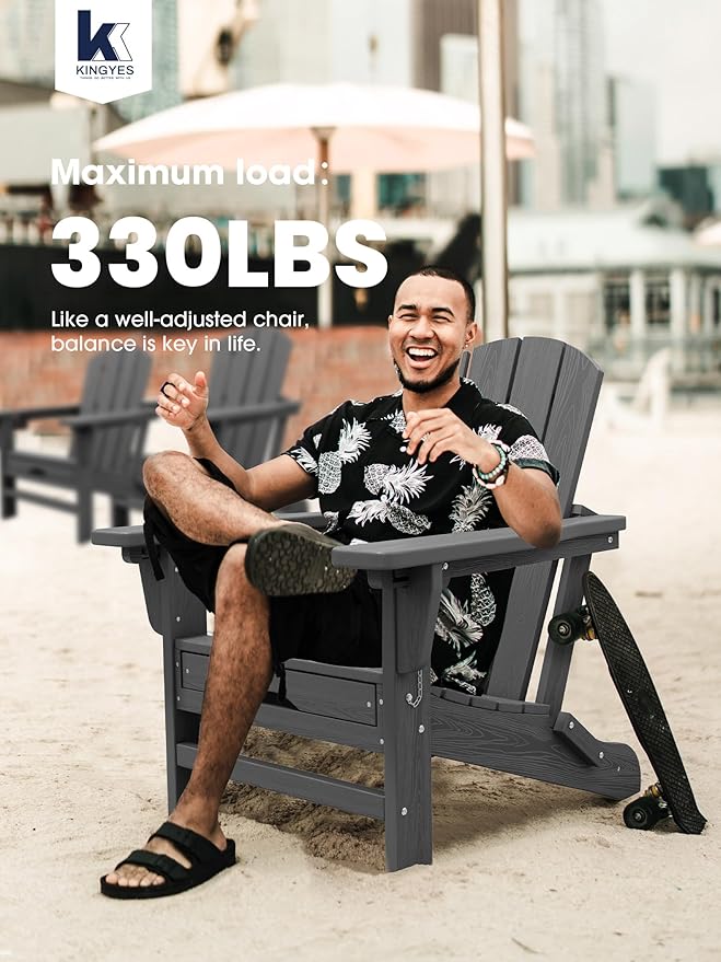 KINGYES Folding Adjustable Adirondack Chair with Retractable Ottoman Set of 6, HDPE All Weather Chair with Cup Holder - Recliner Adirondack Chair, Grey