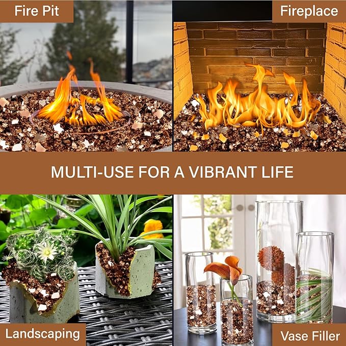 NUPICK 5 Pound Fire Glass, 1/4 Inch Reflective Fire Pit Glass, Tempered Firepit Glass Rock for Propane or Natural Gas, Glass Rocks for Fire Pit Table, Fireplace Glass for Landscaping, Copper