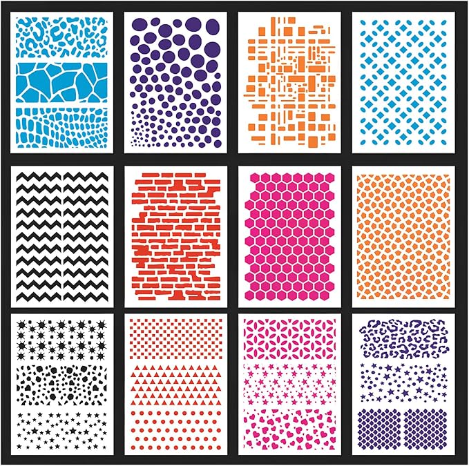 Geometric Stencils for Painting 12 Sheets 21x29cm PET Templates – Reusable Geometric and Pattern Designs for Journals, Scrapbooking, Canvas Art, Card Making and DIY Crafts