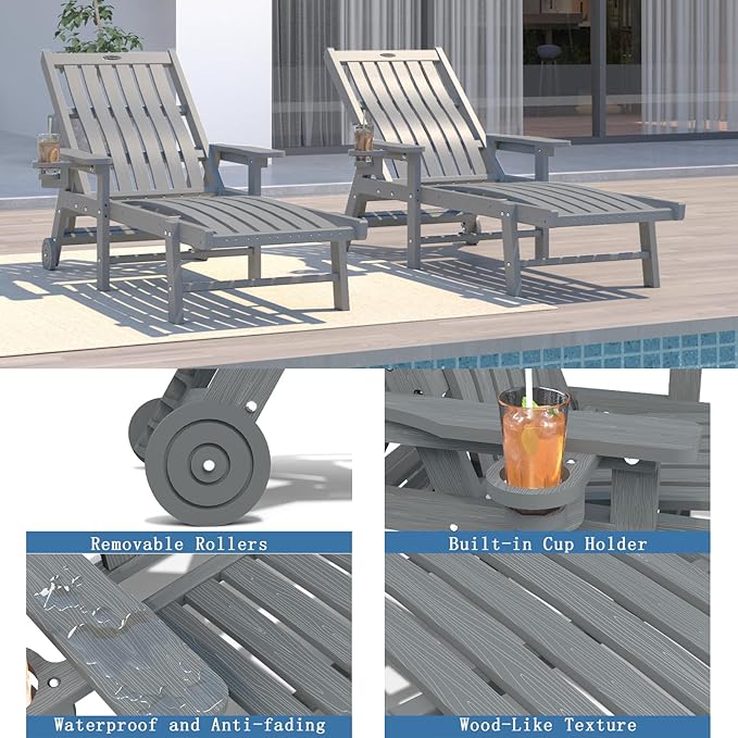 Patio Chaise Lounge Chair, Oversized Lounge Chair Outdoor with 5 Positions, HDPE, Patio Lounge Chair with Wheels & Cup Holder for Pool, Deck, Poolside,Grey