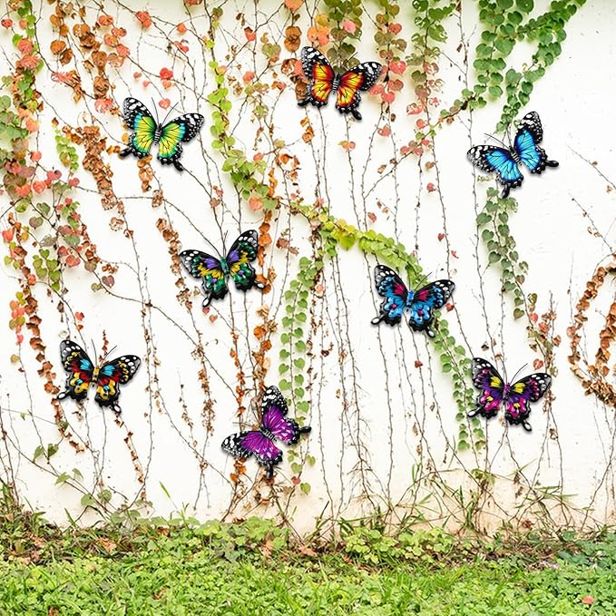 8 Pack Metal Butterfly Wall Decor, 6.7" 3D Outdoor Fence Wall Art Decor, Butterflies Wall Sculpture Hanging Decorations for Garden Yard Living Room Bedroom Patio Balcony, Gifts for Mom Friends